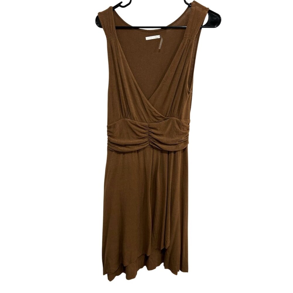 Miestre Brown Sleeveless Midi Dress With Ruched Waist V-Neckline Sz Medium